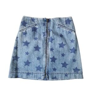 Manoush Mini Skirt Denim Star Print Zip Blue Size 38 US 6 Pockets Designer
